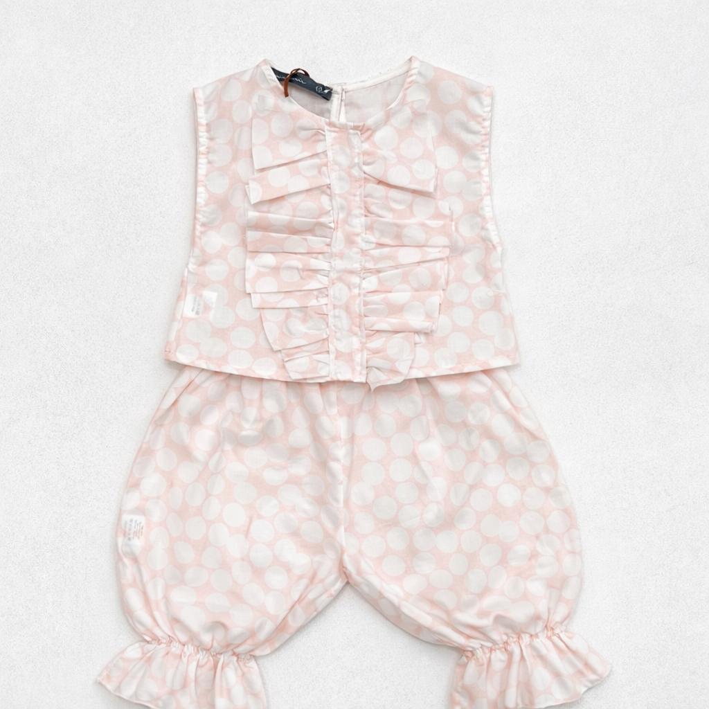 Completo bimba rosa a pois con volant e fiocco