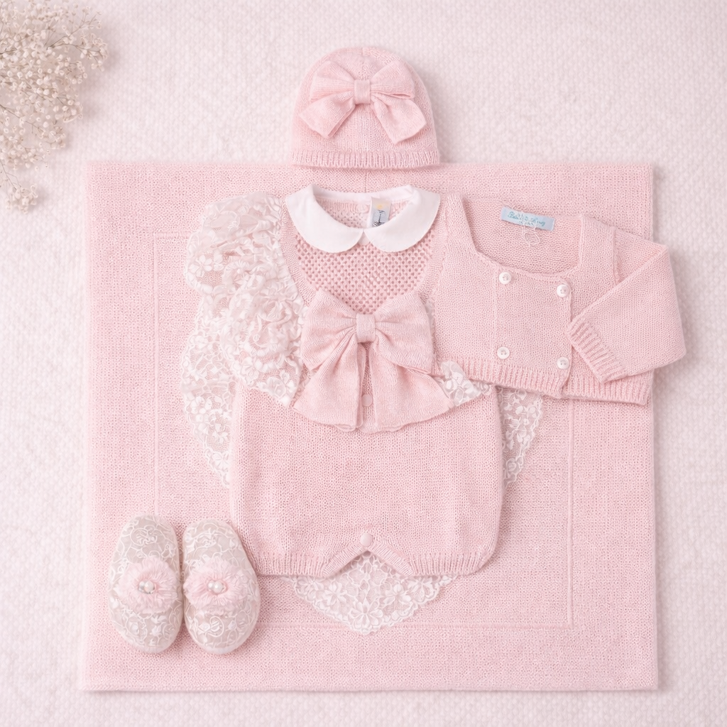 🌸 Set Nascita Rosa Cipria con Pizzo e Cuore