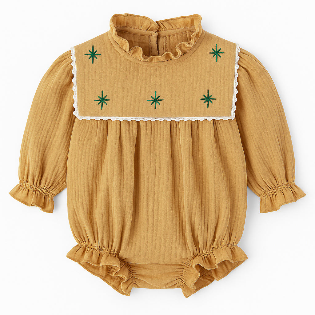 Pagliaccetto in garzata di cotone con ricamo stelle verdi