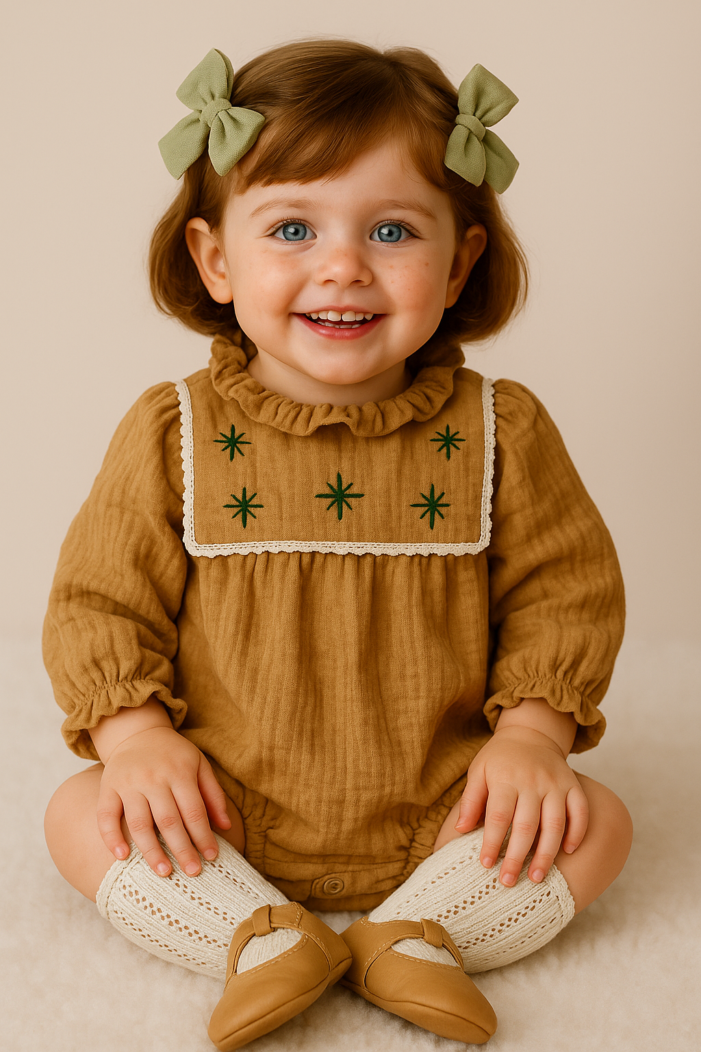 Pagliaccetto in garzata di cotone con ricamo stelle verdi