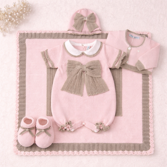 🌸 Set Nascita Rosa e Tortora con Maxi Fiocco
