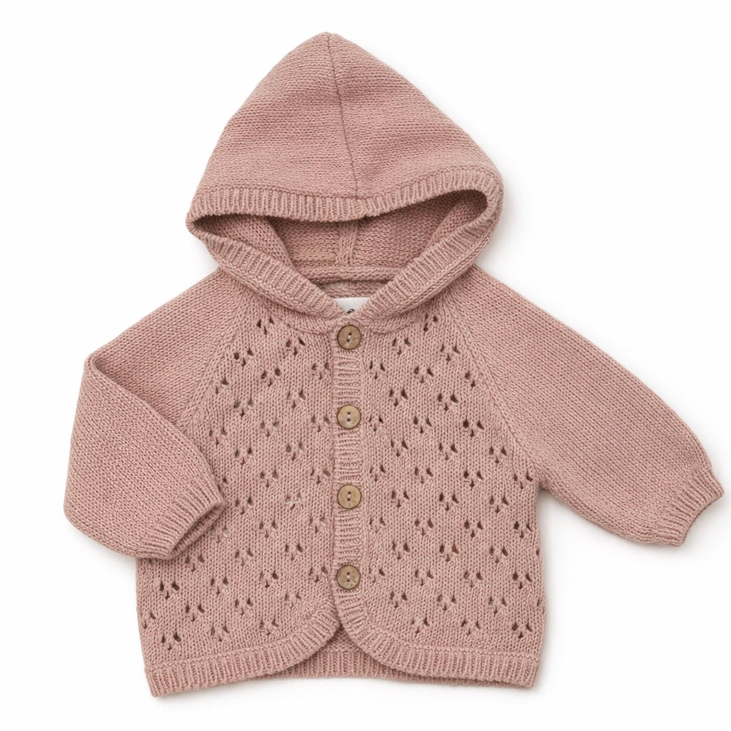 Cardigan bambino con cappuccio in maglia traforata