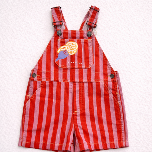Salopette bambina a righe rosse con stampa