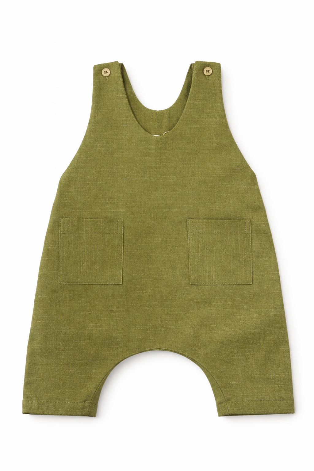 Salopette corta in lino verde oliva con tasche