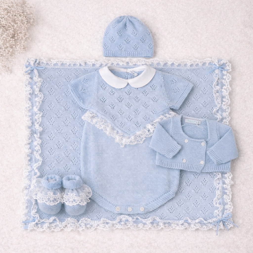 🩵Set Nascita Azzurro Polvere con Pizzo