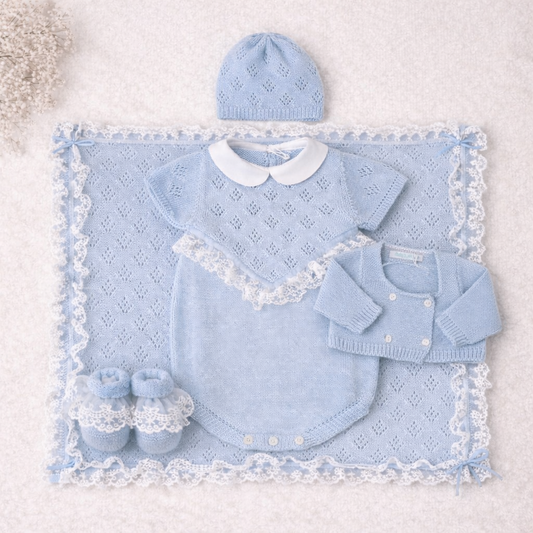 🩵Set Nascita Azzurro Polvere con Pizzo
