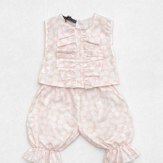 Completo bimba rosa a pois con volant e fiocco