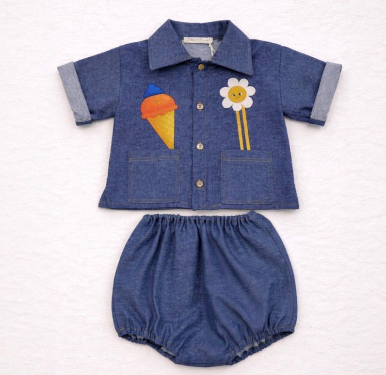 Completo baby in chambray con stampe giocose