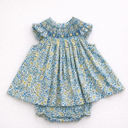 Completo bambina floreale con smock ricamato
